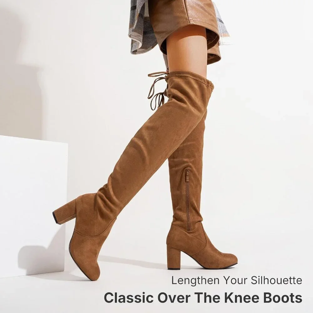 Women's Camel Suede Chunky Heels Zipper Over The Knee High Adjustable Boots